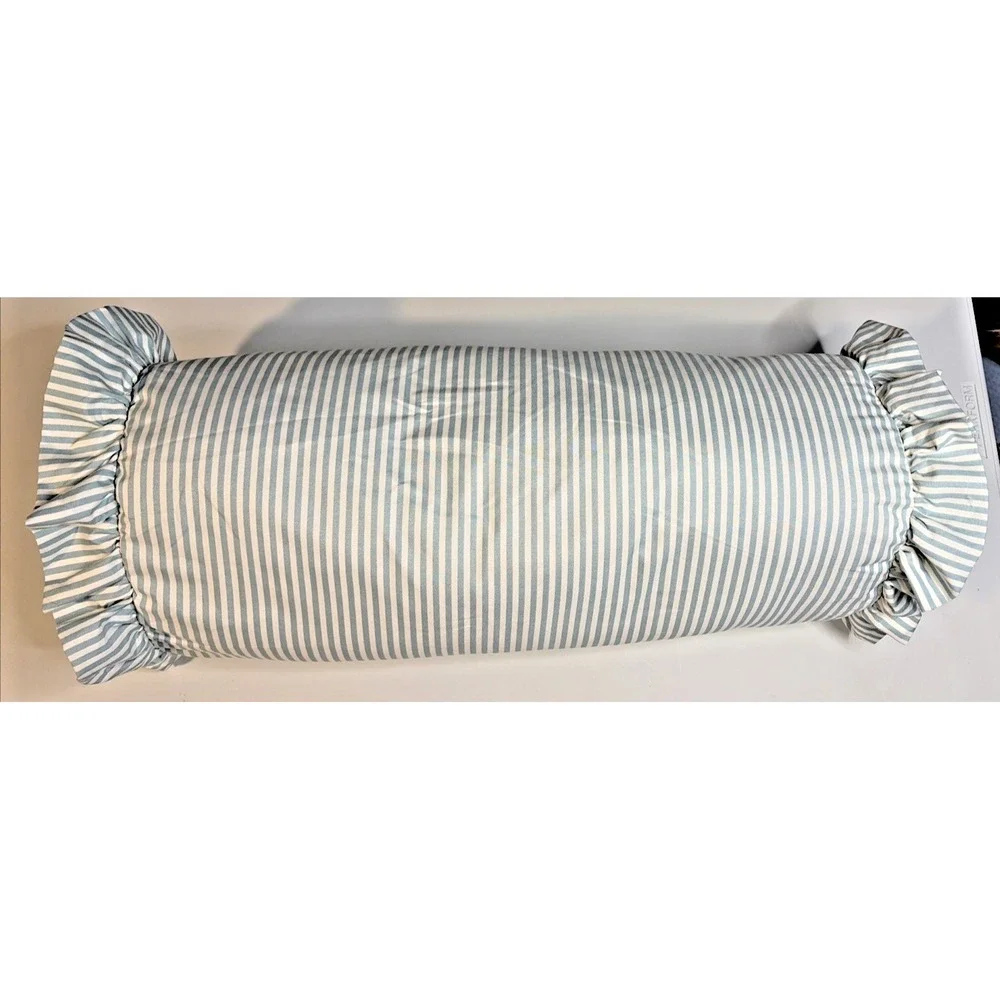 Blue & White Striped Bolster Pillow w/ Ruffled Ends